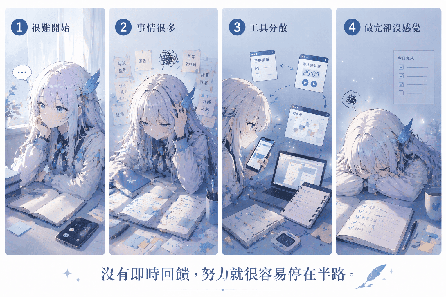 汐光旅冊痛點圖：很難開始、事情很多、工具分散、做完卻沒感覺
